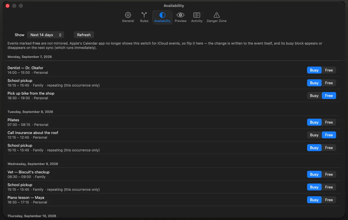 Gobo's Availability tab: upcoming personal events, each with a Busy/Free switch